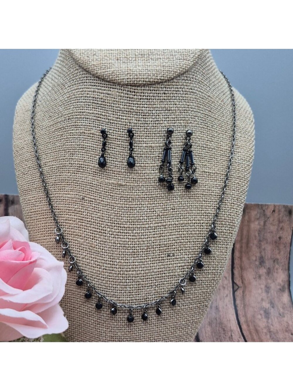 Formal Lot Drop Dangle Earrings & a Bib Collar 20" Necklace Black Bead Whimsgoth